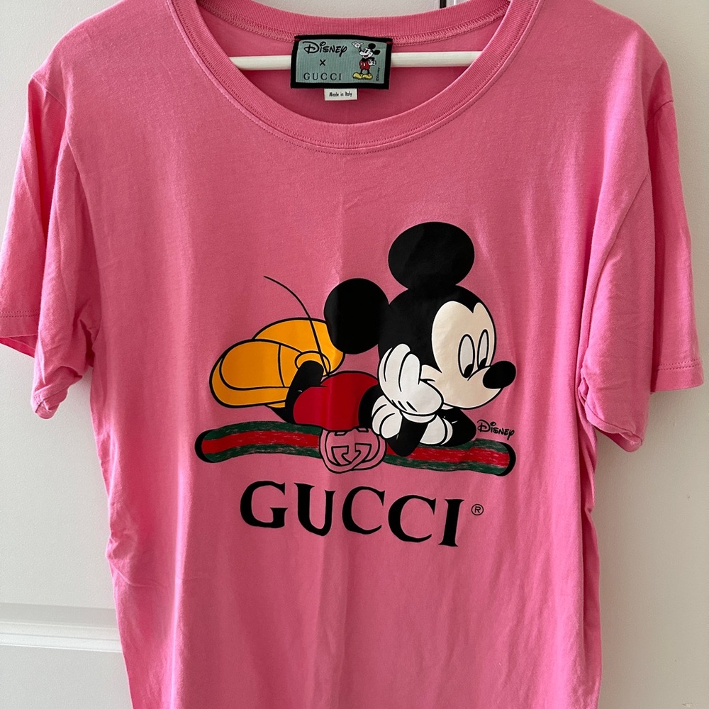 Gucci Pink Short Sleeve Tee with Mickey Mouse Design